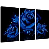 Blue Rose Wall Art,3 Piece Royal Blue Rose Flowers Blossom on the Black Background Canvas Print Wall Art for Living Room Bedroom Wall Painting Decoration Modern Artwork