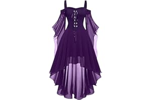 HINVHAI Gothic Costume for Women, Steampunk Gothic High Low Dress Off Shoulder Butterfly Sleeve Dress Halloween Gothic Dress