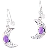 Jewelry Trends Sterling Silver Crescent Moon Dangle Earrings with Celtic Knot Work and Amethyst