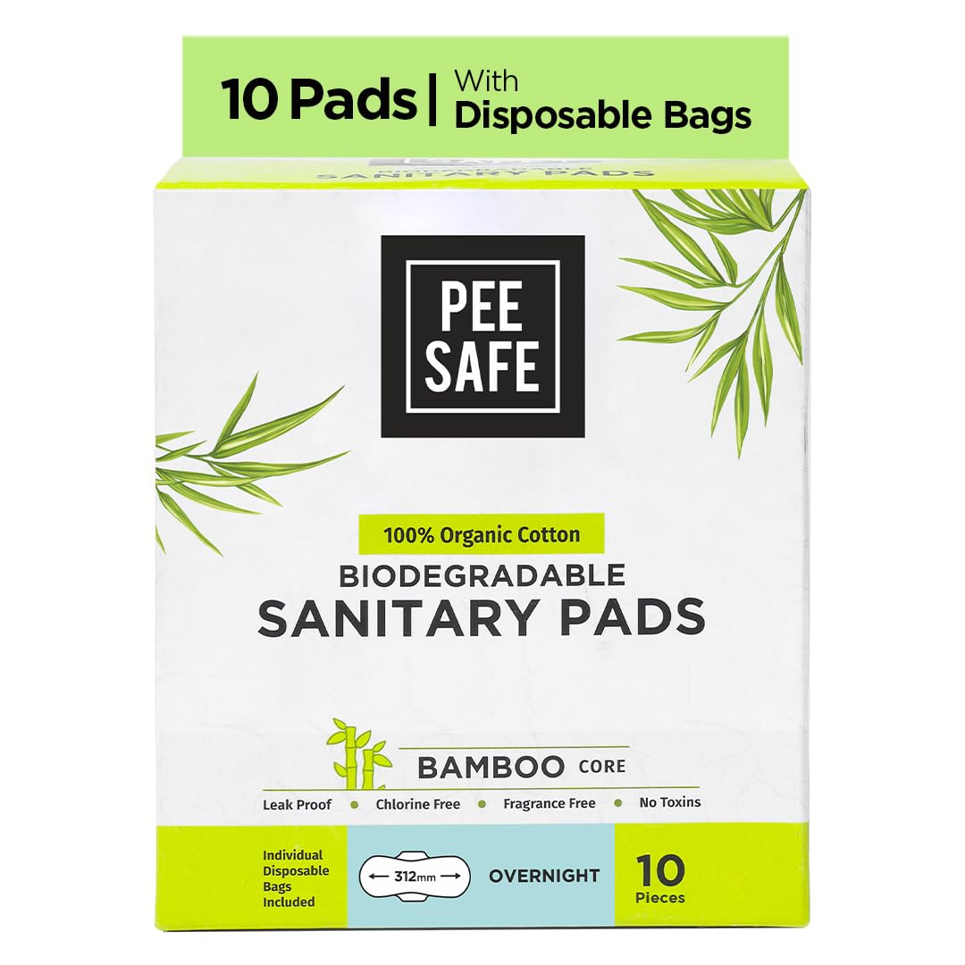 PEESAFE Organic Cotton, Biodegradable Sanitary Towels (Pack of 10, Night)