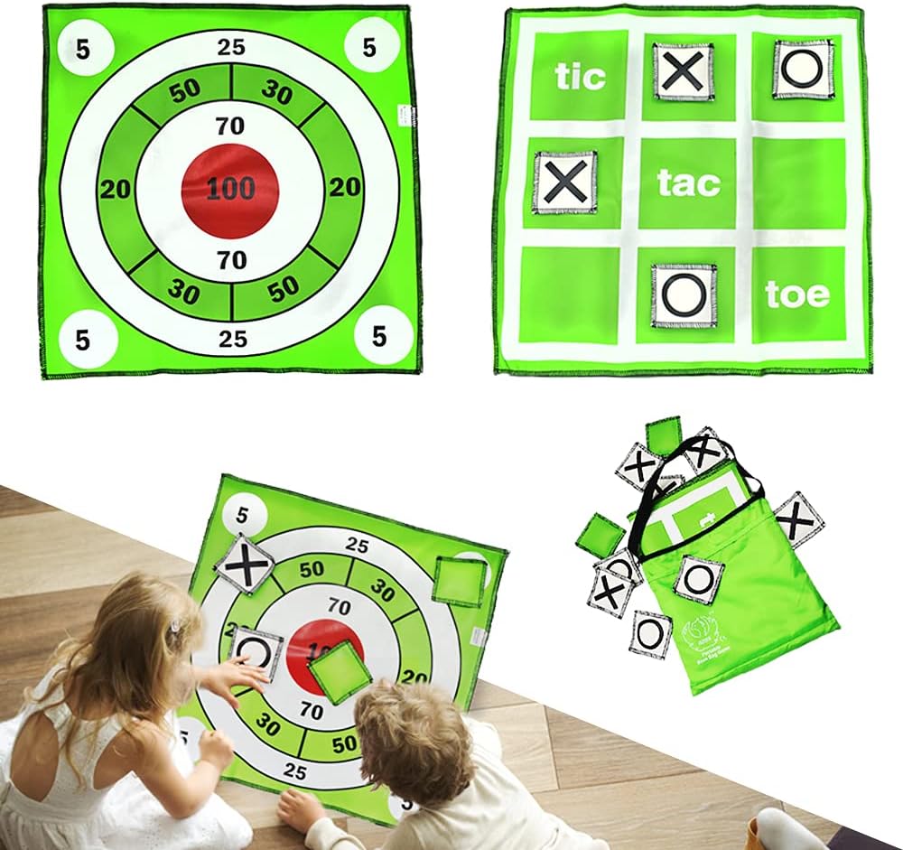 Arise 19.6 Inch Double Sided XOXO Game Set, Tic Tac Toe Bean Bag Toss Game, Gift for 3 Year Old Boy, 2-in-1 Target Toss Mat Floor Game, Kid Outdoor Toy, Party Favor for Home, School, Picnic, Green
