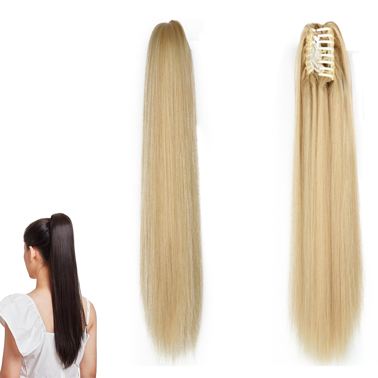 prinfantasy Clip In Ponytail Hair Extensions Claw in Straight Pony Tail Hair Pieces Synthetic Hairpiece for Women Blonde Hair Ponytail Extension,MW180