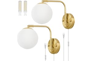 VATONI Dimmable Wall Sconces Plug in, Swing Arm Wall Lights with Plug in Cord and Dimmer On/Off Knob Switch, Dimmable Wall Light with Milky White Glass Globe Shade(2 Bulbs Included)