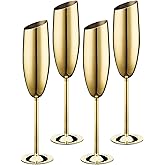 Gold Champagne Flutes Set of 4,Stainless Steel Champagne Glasses for Celebration Toasting Birthday Anniversary Bride Groom Mr Mrs Wedding Party,Long Stem Metal Wine Cups for Christmas,Outdoor