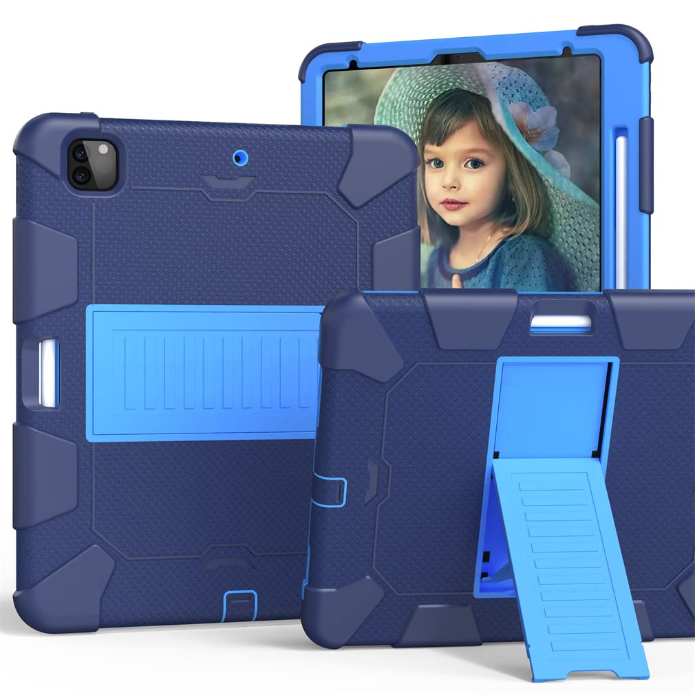 Case Suitable for iPad Pro 4th/ 3rd Generation 12.9 Inch 2020/2018 with Pencil Holder, Tough and Drop Resistant Protective Case with Invisible Kickstand, Navy + Blue