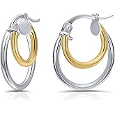 Hoops & Loops 925 Sterling Silver Double Hoop Earrings for Women - Layered Stacked Small and Large Hoops, 15mm, 20mm, 25mm - 14k Yellow Gold, Rose Gold, Black Flash Plated, Hypoallergenic Trendy Jewelry
