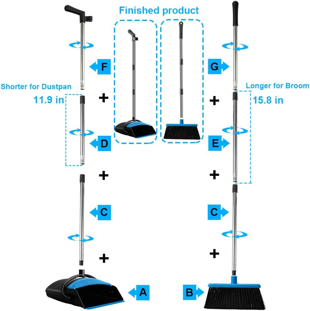 UDAODFA Premium Dustpan And Cleaning Broom Combination Of Stainless Steel Extra Long Handle Broom Is Easy To Clean And Assemble, Durable And Foldable For Home, Room, Office, Lobby Use (Black And Blue): Kitchen & Dining