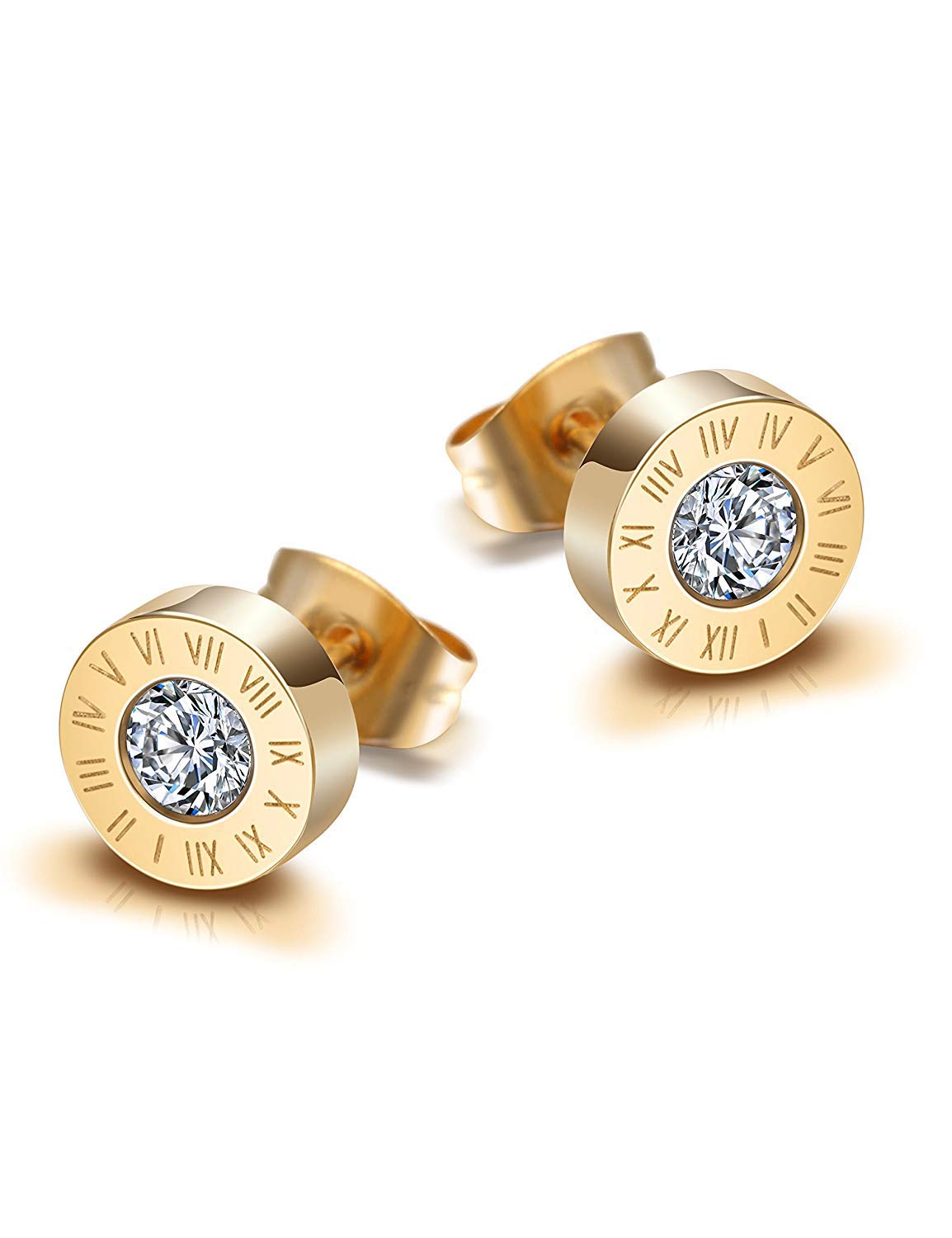 Roman Numeral Cubic Zircon Stud Earrings Set, Stainless Steel Round Ear Pierced Earrings Jewelry for Women Girls Silver/Gold/Rose Gold