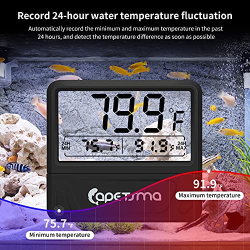 capetsma Aquarium Thermometer Digital Fish Tank Thermometer Large LCD Screen Records High & Low