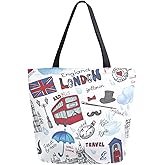 ZzWwR Chic Extra Large Shoulder Grocery Tote Bag, Stylish London Landmark England Vntage Icons Canvas Reusable Handle Bags for Men Women Gym Weekender Picnic Beach Travel Home Storage Market Shopping