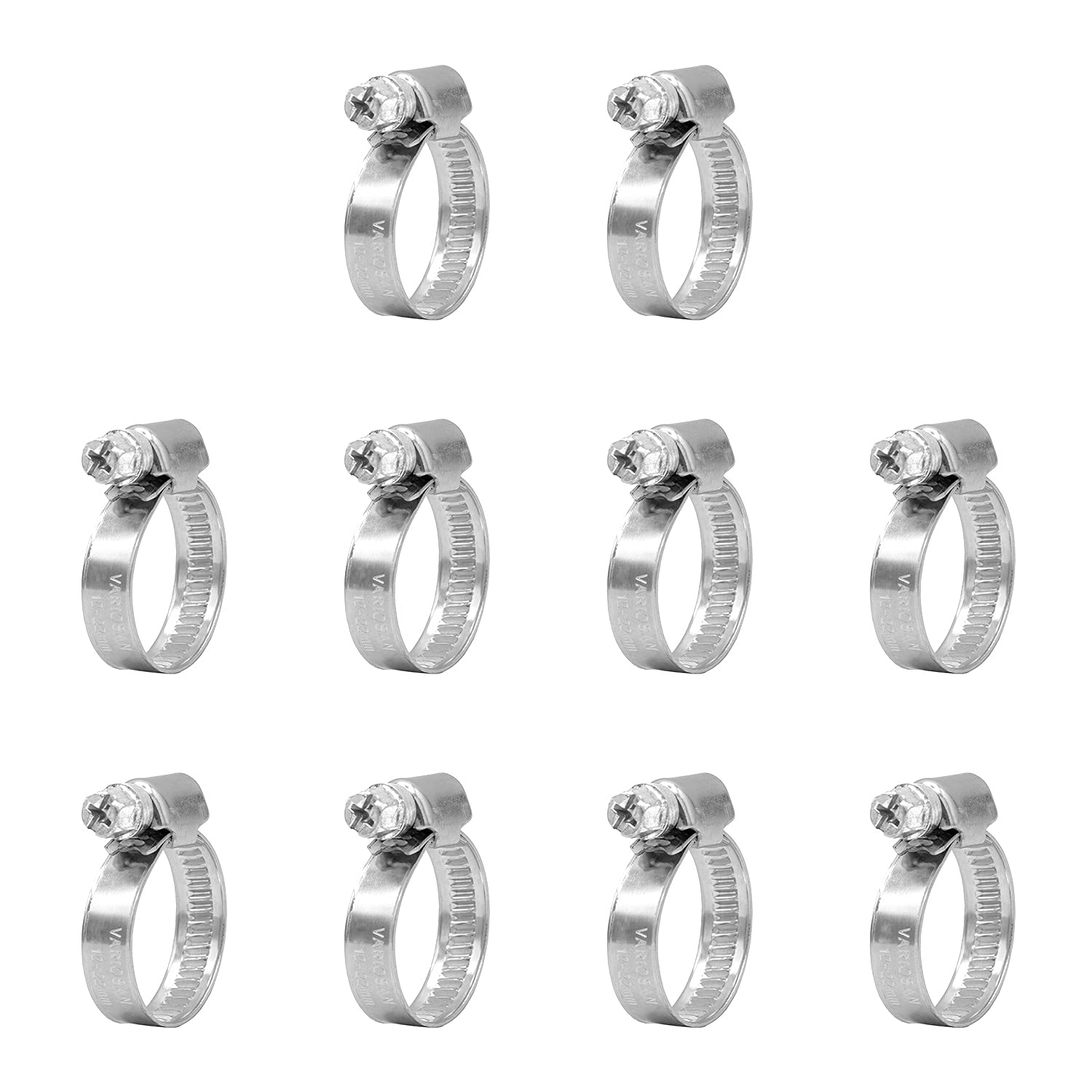 VARIOSAN 13613 Hose Clamps Set of 10, Clamping Range 12-22 mm, Band Width 9 mm, W4 (Stainless Steel / V2A)