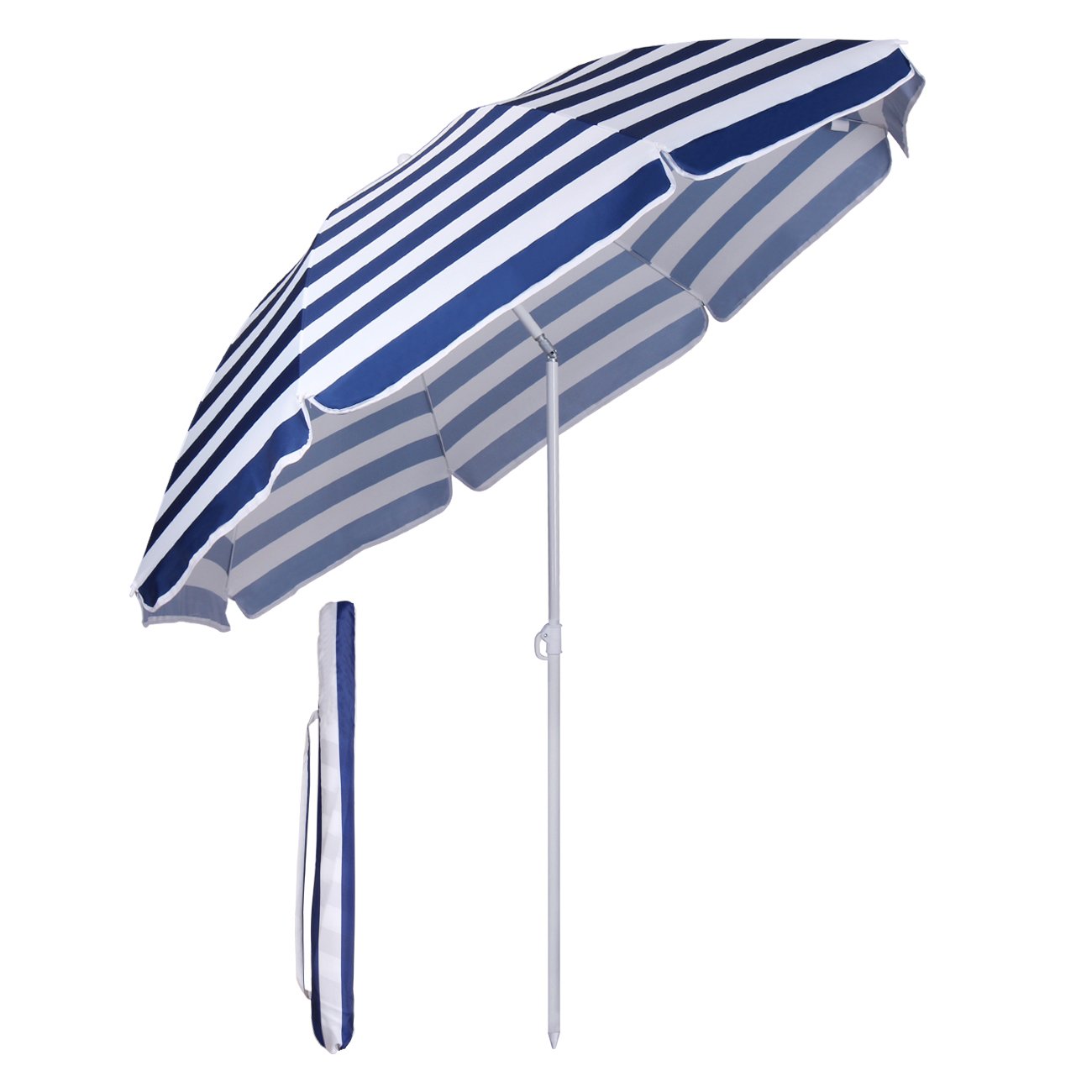 Sekey 1.6m Beach Umbrella with Cover, Portable Tilting Garden Parasol Umbrella, Sun Parasol for Beach/Pool/Patio, Round Sunscreen UV20+ Blue and White