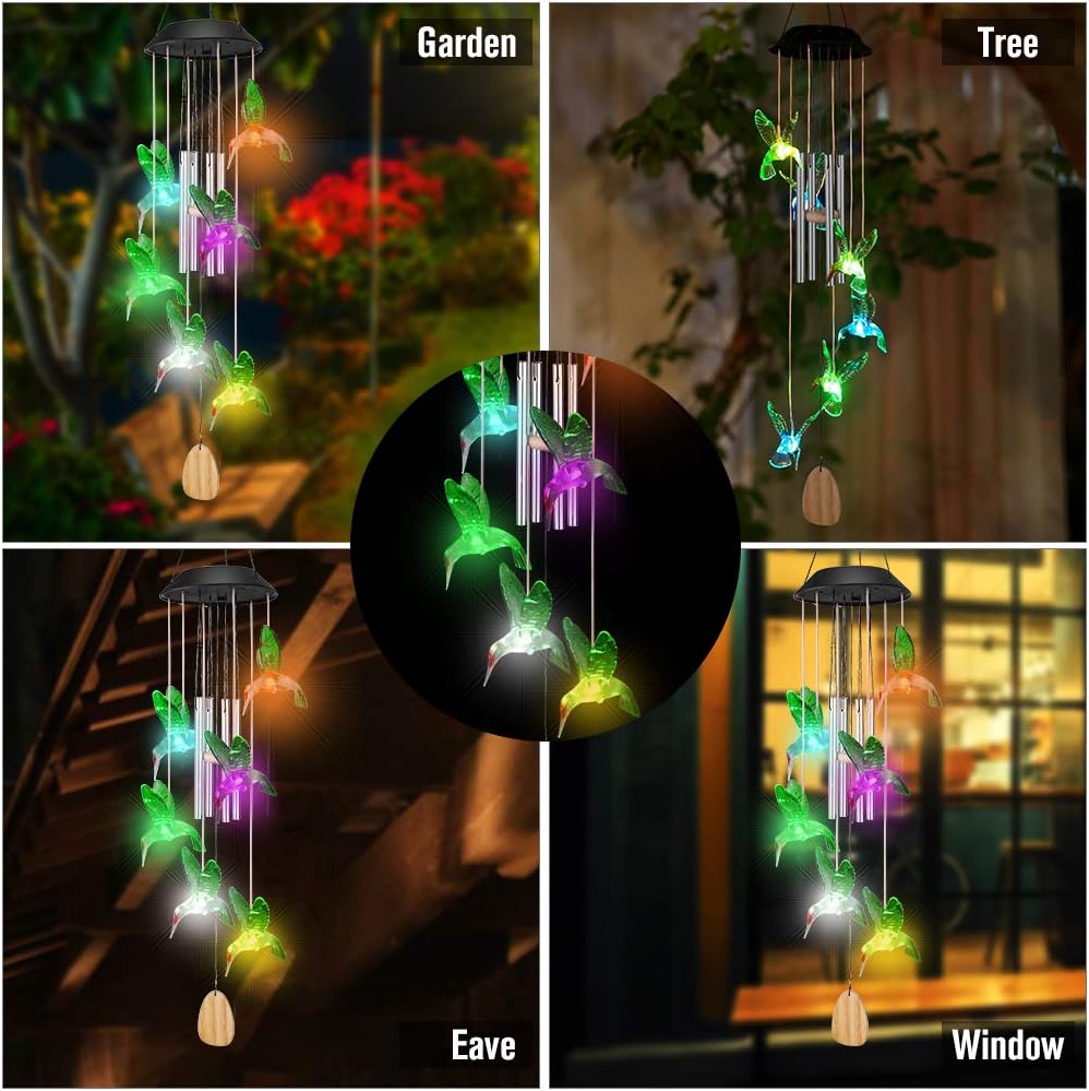 OUTUL Wind Chimes Outdoors LED Solar Hummingbird Wind Chime for Windows, Yard, Patio, Porch, Garden, Backyard, Memorial Wind Chimes Gifts for Mom Grandma : Garden & Outdoor