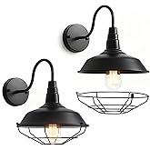 Gooseneck Barn Lights with Cage for Outdoor, 2-Pack Farmhouse Exterior Wall Sconces 10-Inch Dome, Matte Black Vintage Wall Mo