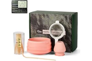 Sisher Matcha Whisk Set with Bowl, 5 Piece Japanese Tea Set Includes Bamboo Whisk (Chasen), Ceramic Bowl (Chawan), Scoop, Holder and Tea Spoon, Traditional Matcha Ceremony Kit for Preparation, [Pink]