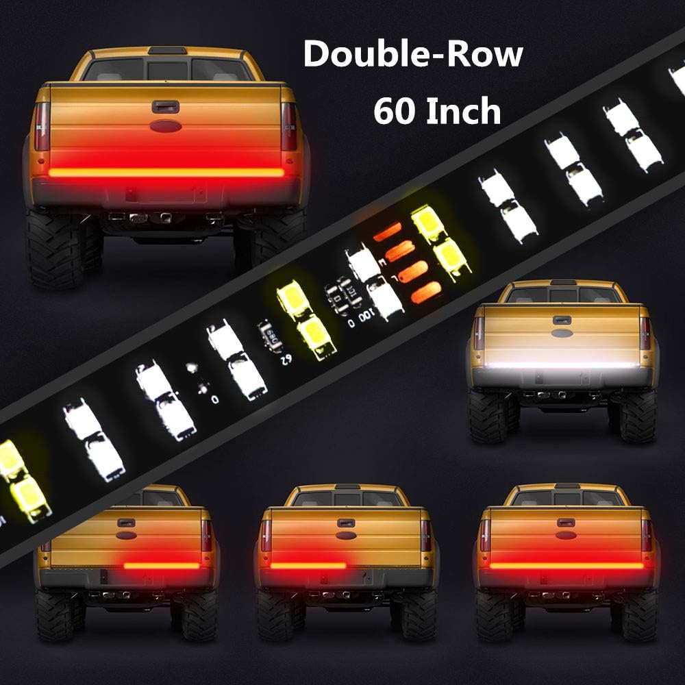 LED Tailgate Light Bar - 60 Inch Truck Tailgate Light Bar,Double-Row Flexible Strip,Running Turn Signal Brake Reverse Tail light for Pickup Trailer SUV RV VAN Car,No-Drill - 1 Year Warranty