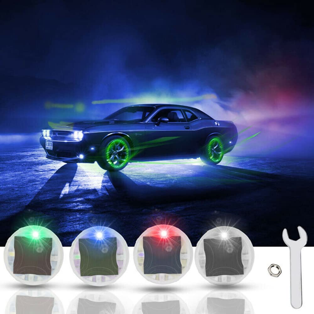 Riloer 4 Pcs Flash Wheel Tire Light, Colorful LED Solar Wheel Hub Tire Lights, Tyre Valve Cap Strobe Lamp Waterproof Kit Four Modes for Car Vehicle Motorcycle Bike