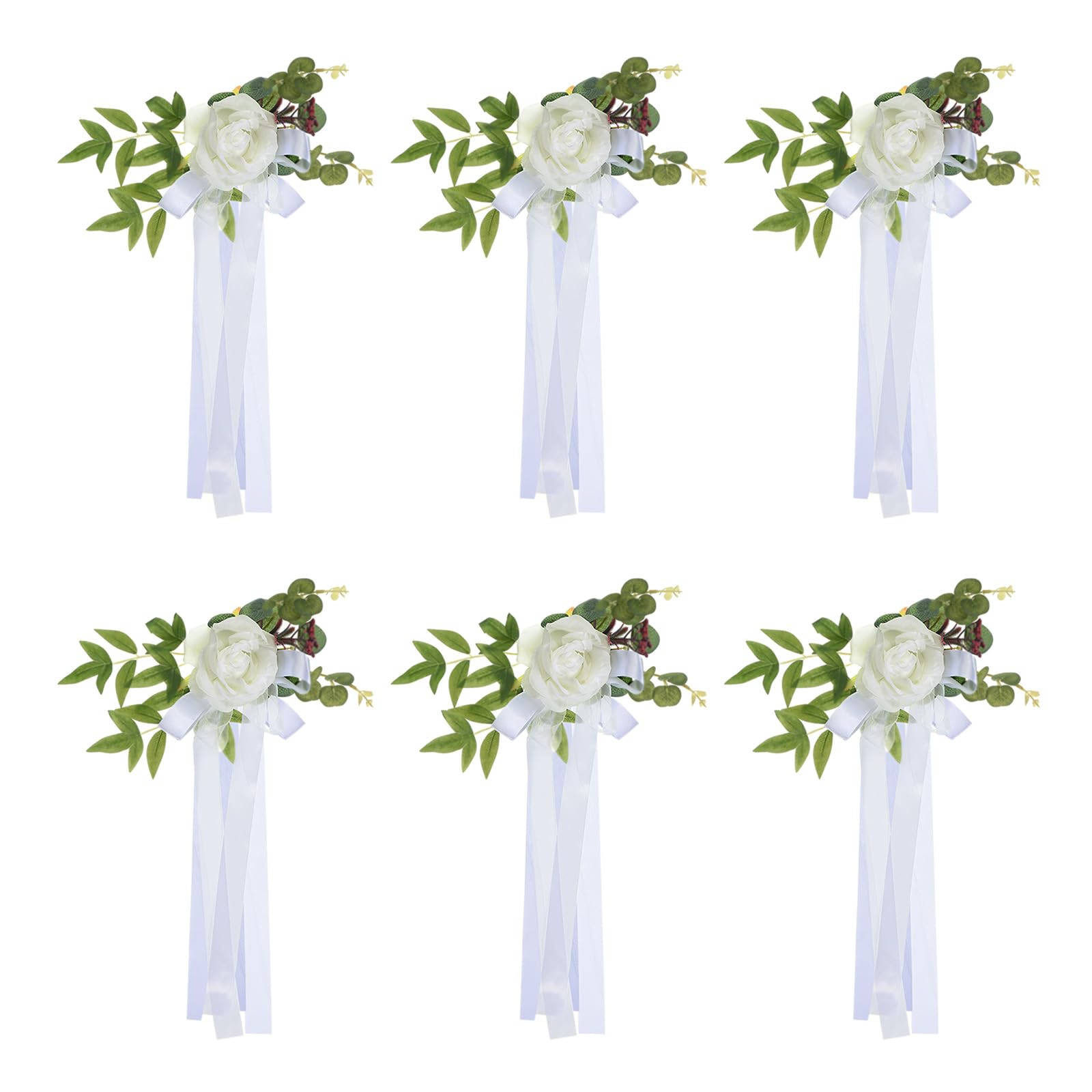 PATIKIL Wedding Aisle Decorations Pew Flowers for Wedding Ceremony Chair Set of 6 Chair Floral Decoration with Artificial Flowers Eucalyptus and Ribbons for Church Chair Party, White