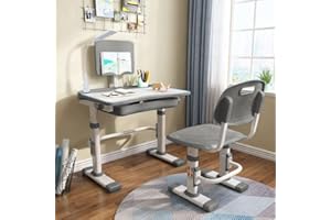 LVYUAN Kids Desk and Chair Set, Height Adjustable Kids Study Desk for Bedroom, Desk for Kids with Tiltable Desktop, 3 Modes Light, Go Back School Desk, Grey