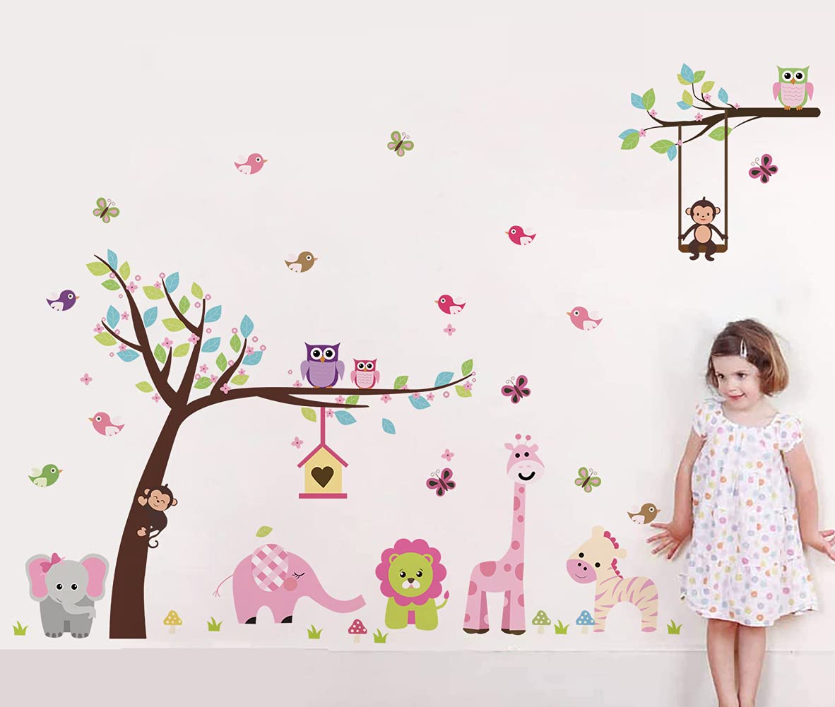 Runtoo Jungle Animal Wall Decals for Nursery Monkey Elephant Giraffe Tree Wall Stickers Kids Girls Bedroom Wall Decor