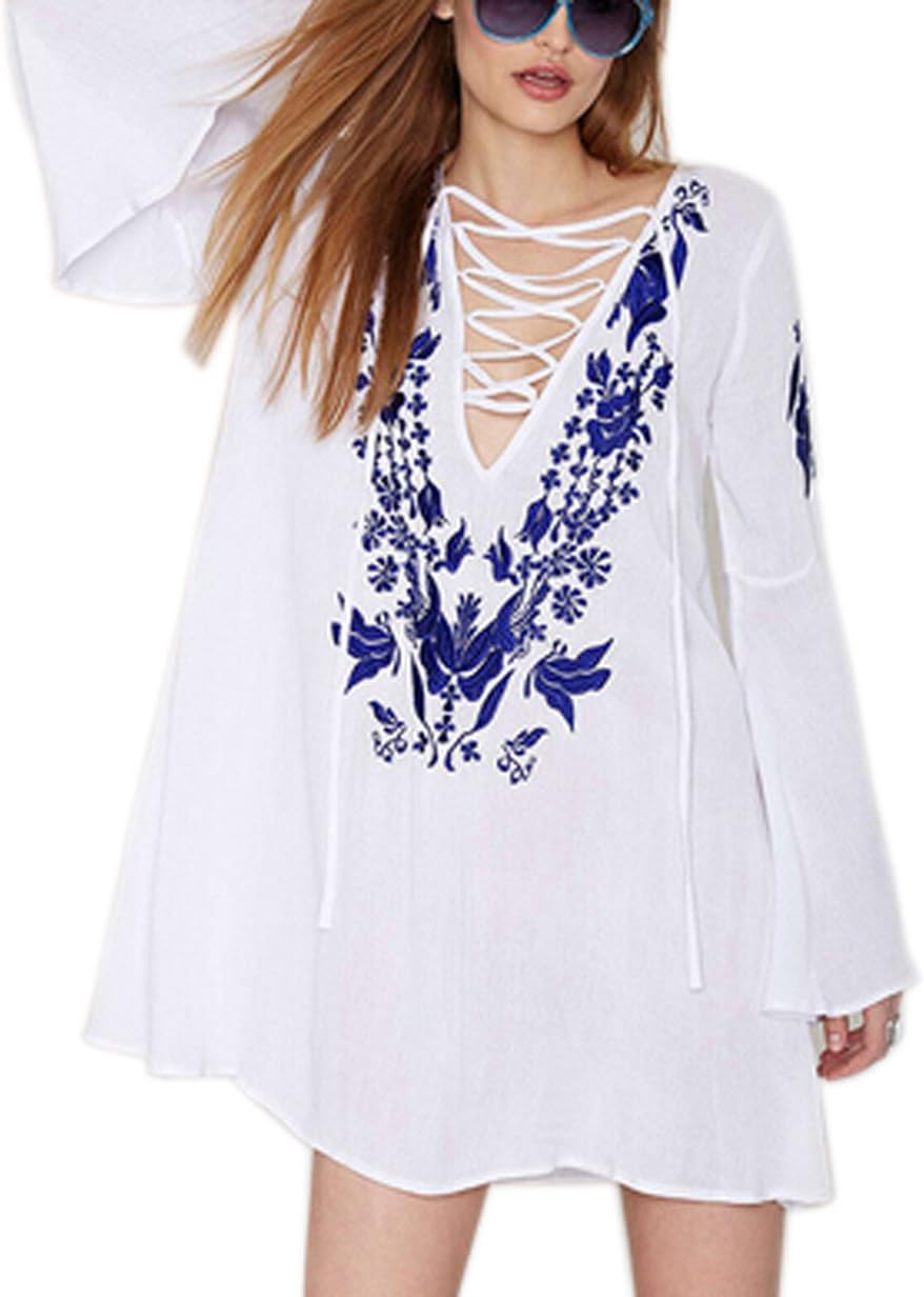 Moon Soul Women Retro Flower Embroidery Deep V Neck Fly Sleeves Dress