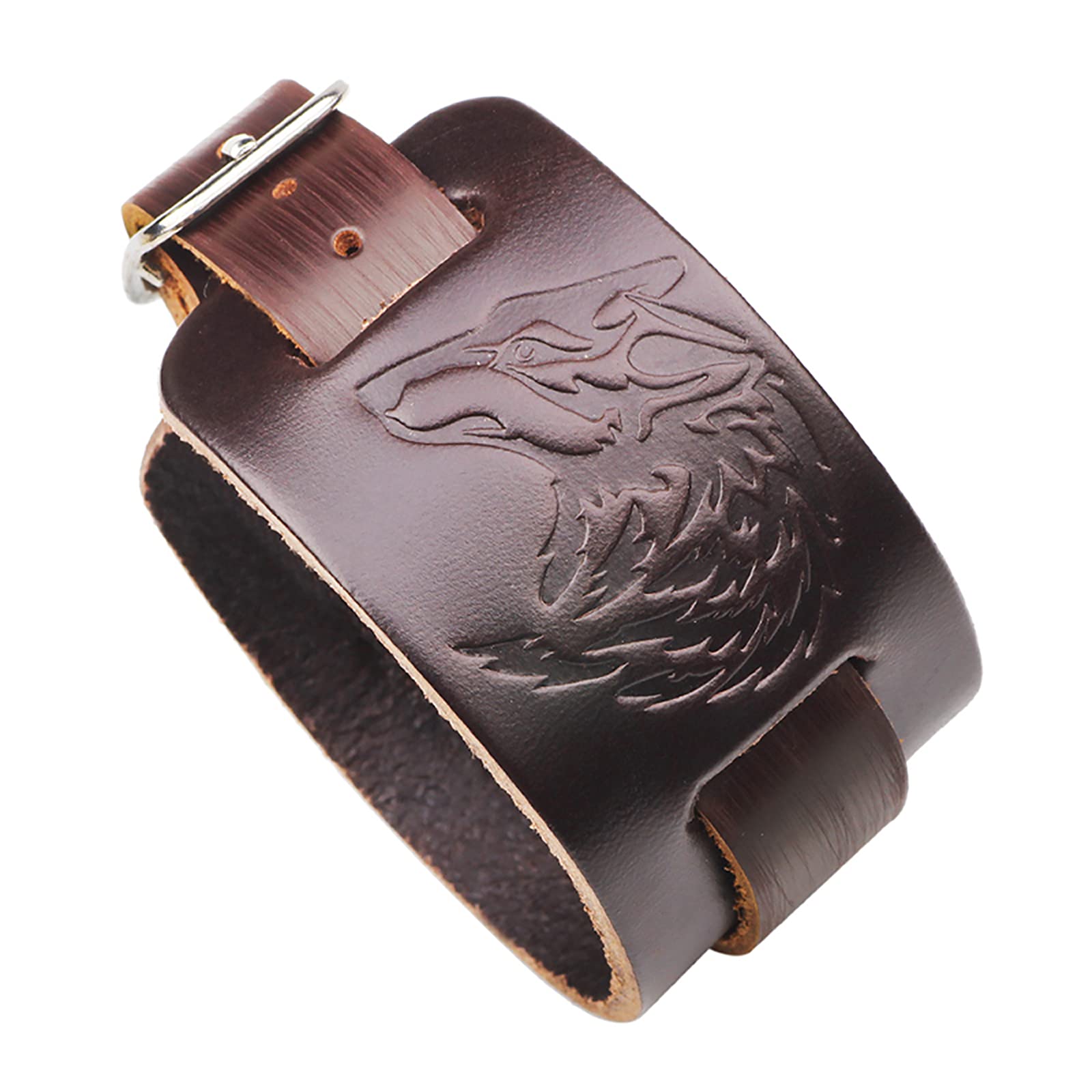 Thajaling Wolf Head Bracelet Khaki Leather Bracelet Punk Wide Bangle Cuff Strap Wristband