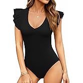 MANGOPOP Women's Deep V Neck Ruffle Sleeveless Body Suits Tank Top Bodysuit Going Out Sexy Fitted Summer Trendy Outfits