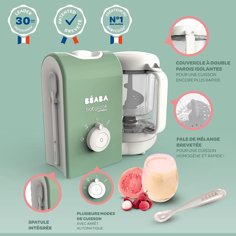 BEABA, Babycook Express, Robot Bébé 4 en 1 Mixeur-Cuiseur, Cuisson Express 15min, Mixage sur-mesure, Cuisson Vapeur Douce et Saine, Décongélation, Texture Homogène, Capacité 1 250 ml, Vert Sauge