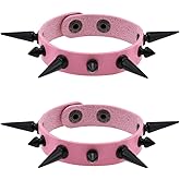 FM FM42 Women Multicolor PU Simulated Leather Black-Tone Long and Short Rivets Spike Spiked Punk Gothic Adjustable Bracelet, Pack of 2