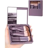 PGRODE Travel Size Makeup Brushes Mini Set with Hard Case and Built-in Mirror, 5Pcs Small Cosmetic Brushes, On the Go Brush Travel Essentials kits for Women, Girls Gift (Dark Purple)