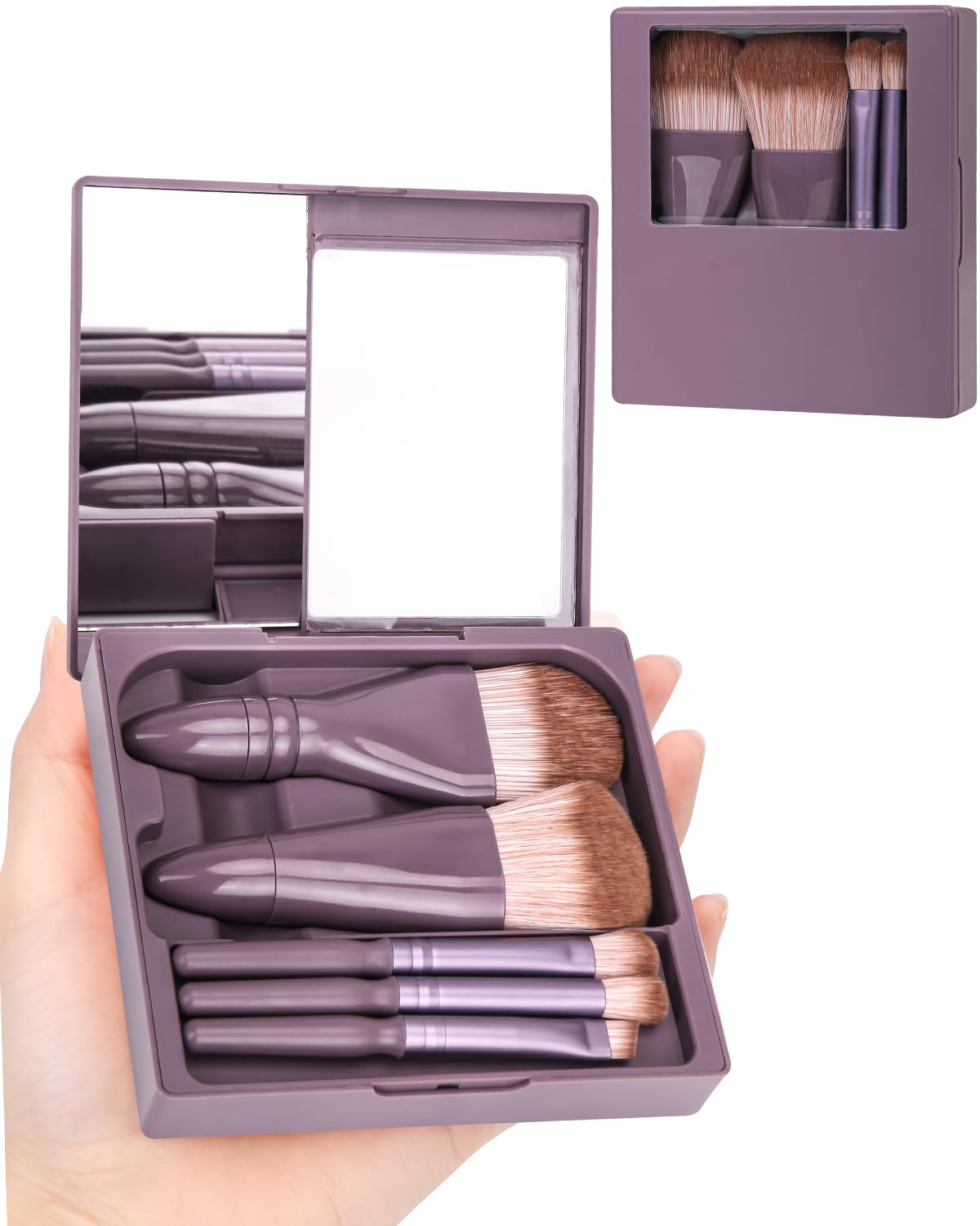 PGRODE Makeup Brushes in Travel Size, Mini Set with Hard Case and Integrated Mirror, 5 Small Cosmetic Brushes, Travel Kit for Women, Girls, Gift (Dark Violet)