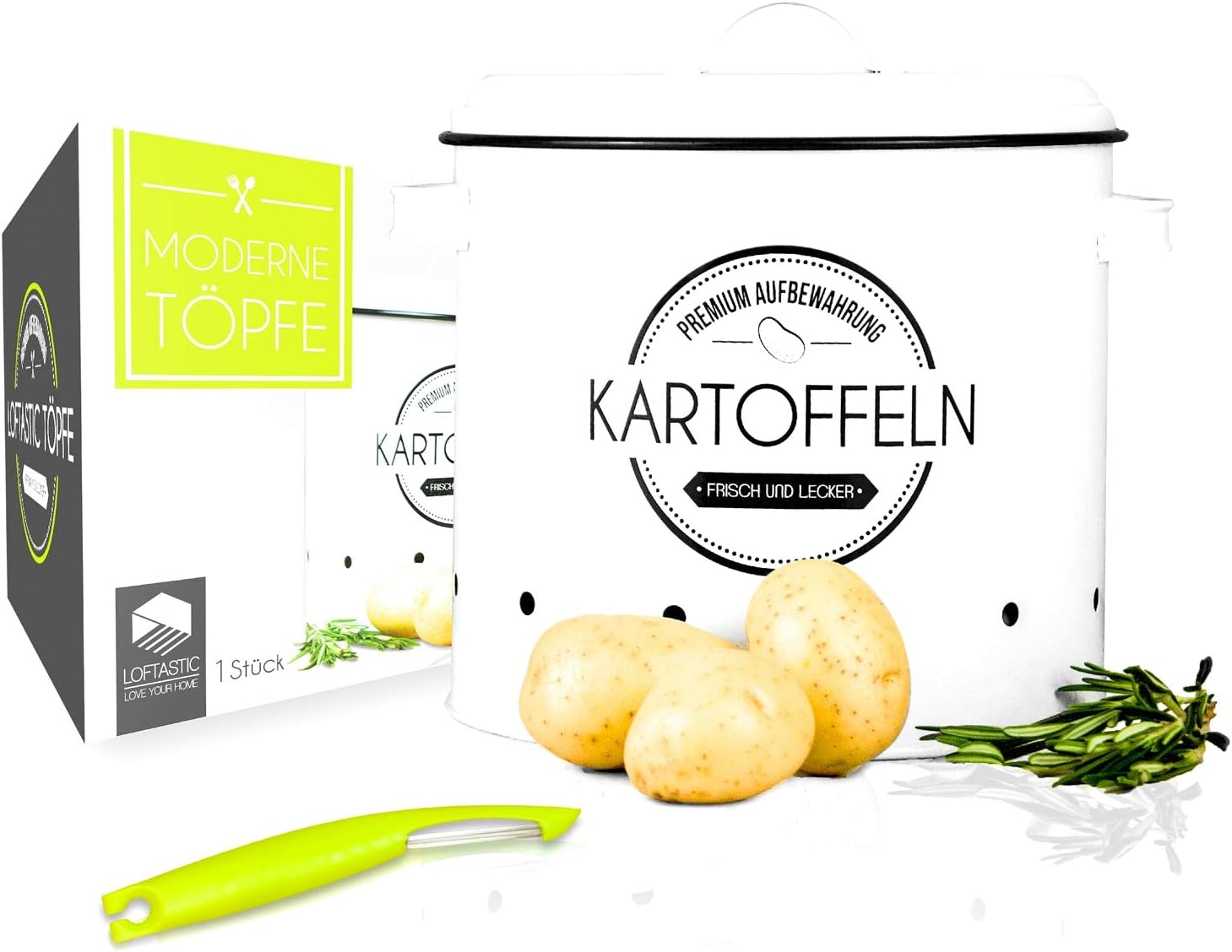 LOFTASTIC® Kartoffeltopf inkl. Sparschäler I Die stilvollste Art für noch länger frische Kartoffeln I Vorratsbehälter I Elegante Aufbewahrung in deiner Küche
