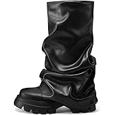 VOMIRA Women's Fold Over Boots Slouchy Boots Wide Calf Pleated Platform Boots Glitter Metallic Silver Boots Chunky Stacked Boots Mid Calf Boots