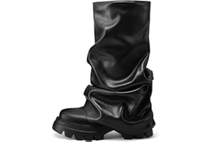 VOMIRA Women's Fold Over Boots Slouchy Boots Wide Calf Pleated Platform Boots Glitter Metallic Silver Boots Chunky Stacked Boots Mid Calf Boots