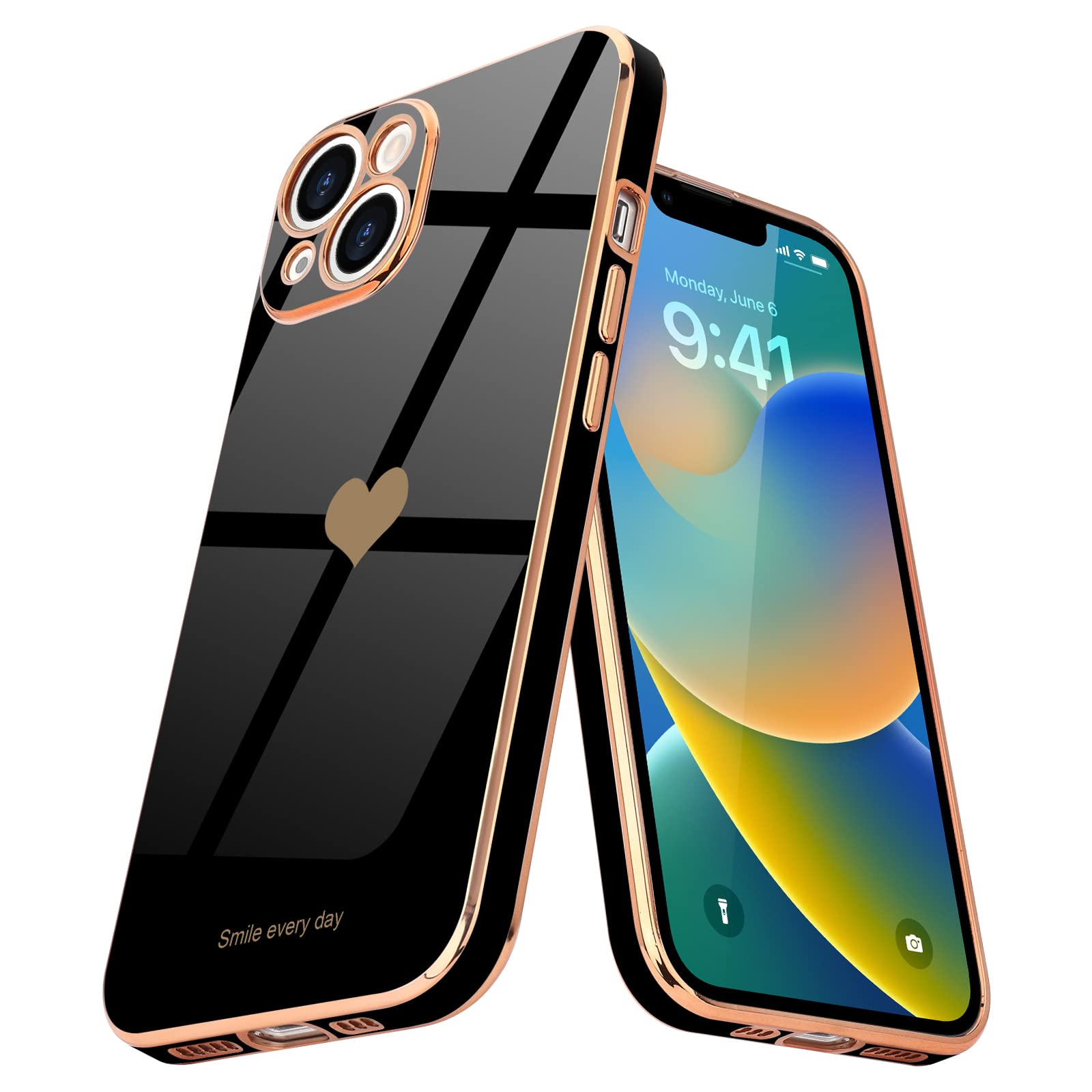 Teageo for iPhone 14 Case Cute Heart Pattern for Women Girls Slim Luxury Bling Plating Soft TPU Anti-Scratch Shockproof Bumper Phone Case for iPhone 14, Black โ image 1