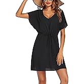 Ekouaer Womens Swimsuit Coverup Short Sleeve Beach Cover Up Dress V Neck Bikini Beachwear