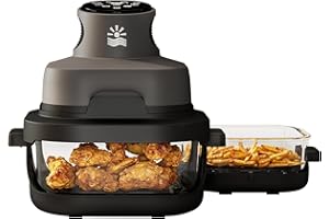 Rellytech 4-in-1 Portable Glass Air Fryer - 1500W, 4.2QT & 6 Cup Dual Containers, 140°F–400°F Temp Range, Max Crisp | Bake | 