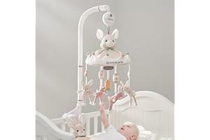Evoceler Baby Crib Mobile, 3 Mode Musical Mobile for Crib - 35 Lullabies, Bluetooth, TF Card, with Detachable Rabbit Teethers, Quiet Rotating Motor with 30 Mins Auto Off, Safe 3-Point Installation