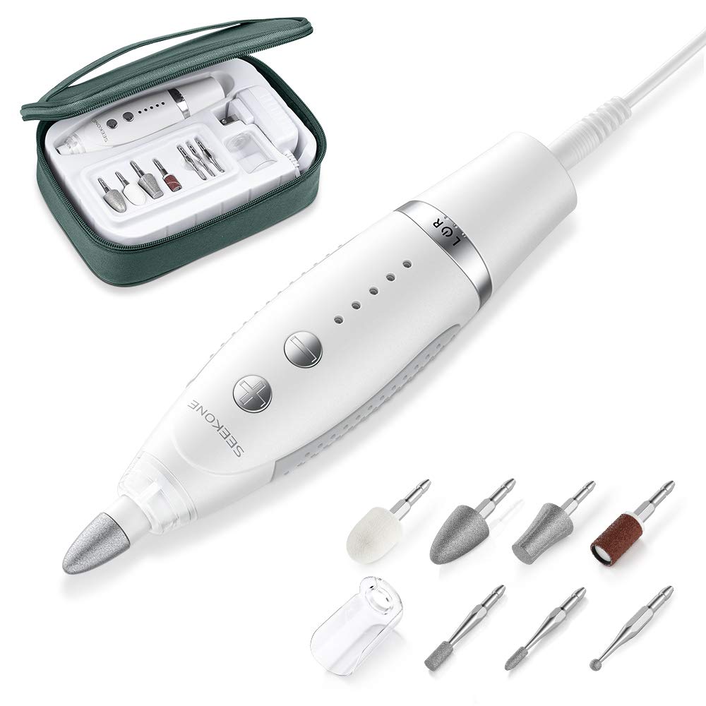 SEEKONE Electric Manicure and Pedicure Set, Professional Powerful Nail Drill Kit Salon Quality Nail File Tools for Foot and Hand Care with 7 Attachments, 5 Speed Settings and Storage Case (White) : Beauty
