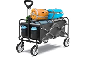 HOMGIM Collapsible Wagon, Folding Wagon Garden Cart Heavy Duty with Side Pocket and Terrain Wheels, Large Capacity Foldable Grocery Beach Wagon for Garden Sports Camping Shopping (Carbon Black)