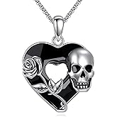 YAFEINI Skull Necklace 925 Sterling Silver Skeleton Heart Black Crystal Pendant Necklace Gothic Jewelry Halloween Gifts for Women Men