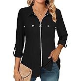 Zamowoty Womens Long Sleeve Shirts Roll Up V Neck Collared Blouses Zip Front Dressy Business Casual Tops