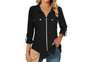 Zamowoty Womens Long Sleeve Shirts Roll Up V Neck Collared Blouses Zip Front Dressy Business Casual Tops
