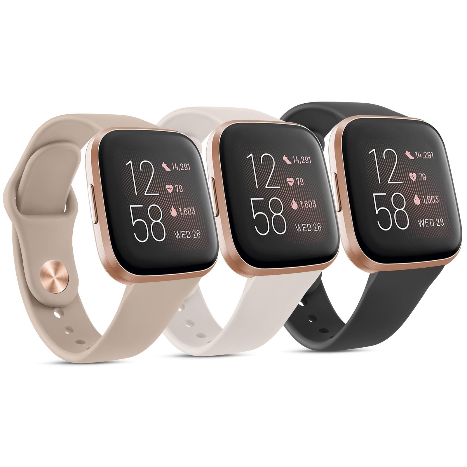 Photo 1 of 3 Pack Silicone Bands Compatible with Fitbit Versa Bands, Soft Breathable Sport Replacement Wristbands for Women & Men (Black/Milk Tea/Starlight)