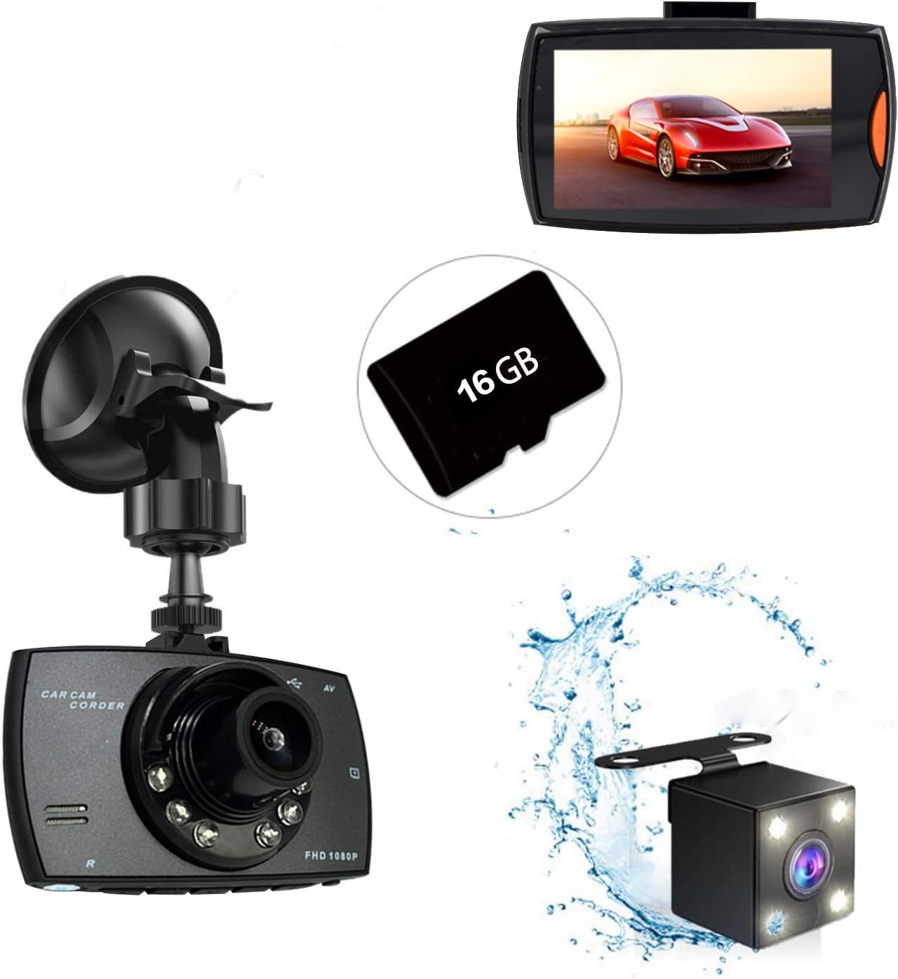 Dash Cam Car Dashboard Camera Recorder FHD 1080P Front and Rear Cameras, 170 Super Wide Angle, G Sensor, Parking Monitor, Motion Detection, Night Vision, WDR with 16G Micro SD Card