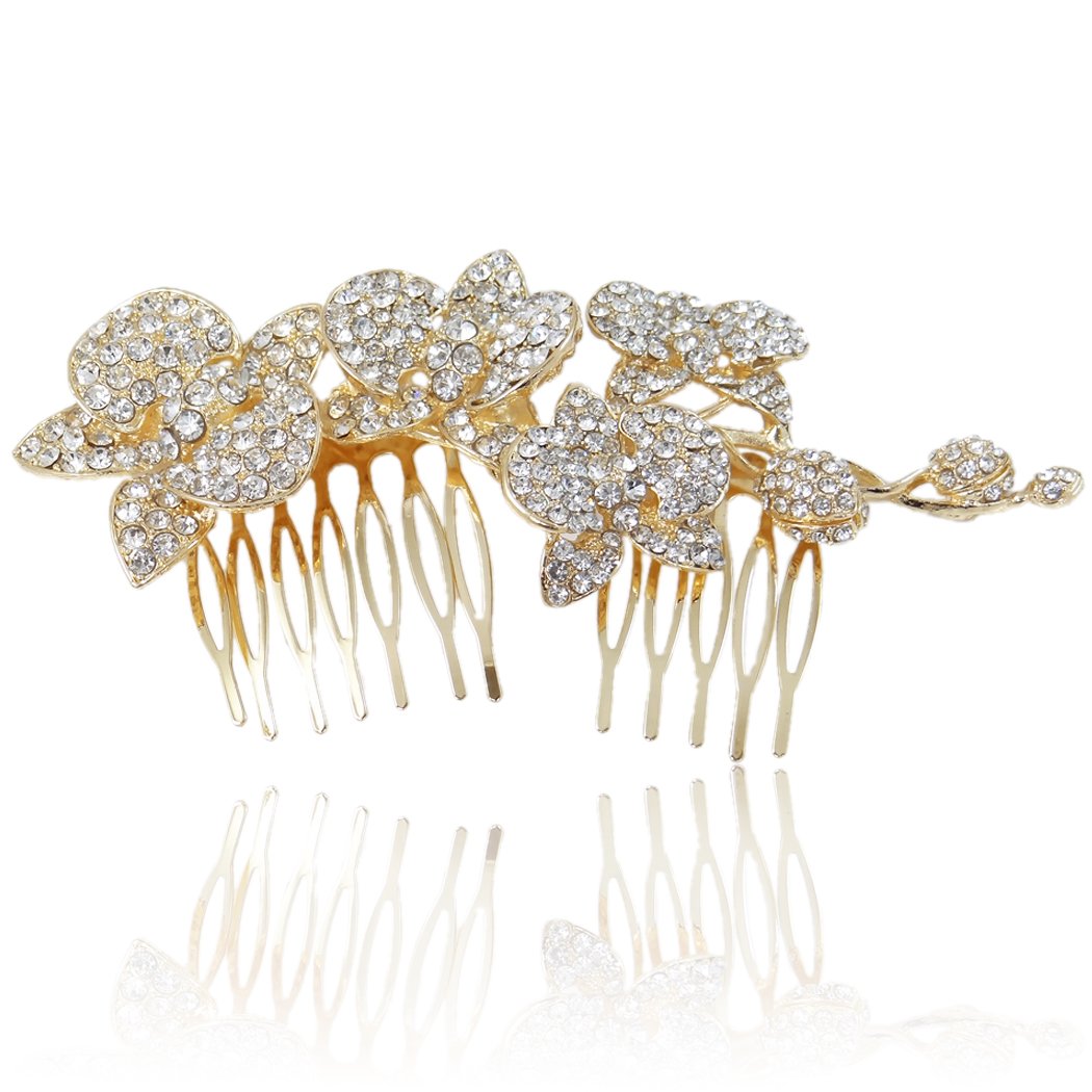 EVER FAITH Women's Austrian Crystal 5 Inch Wedding Orchid Flower Bud Hair Side Comb Clear Gold-Tone
