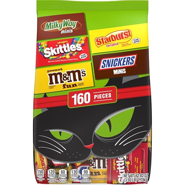 M&M’S, SNICKERS, SKITTLES, & STARBURST HALLOWEEN CANDY BULK CHOCOLATE AND FRUITY CANDIES FUN SIZE VARIETY PACK OF HALLOWEEN SNACKS, TREATS, AND PARTY FAVORS, 160 CT BAG