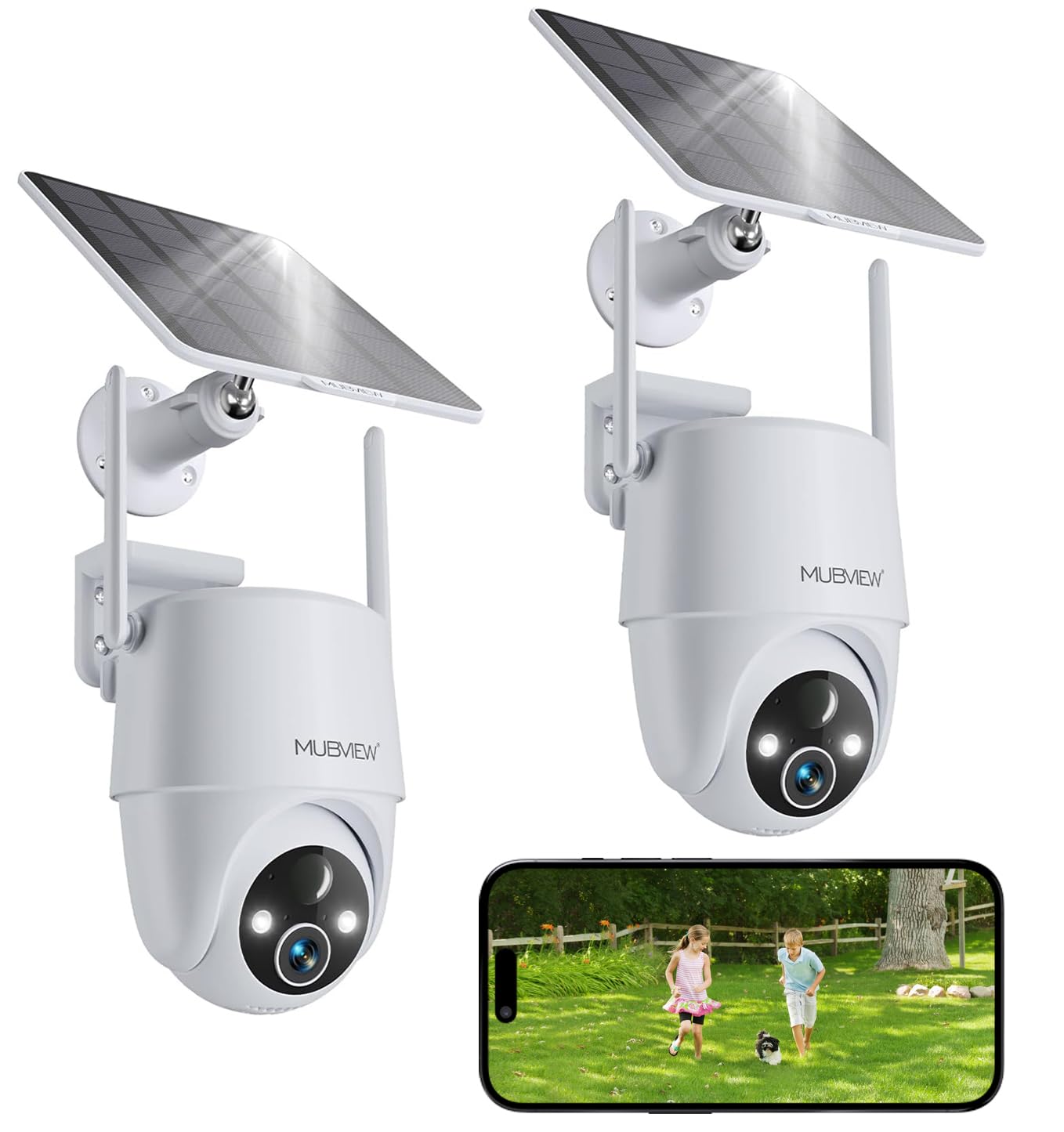 Photo 1 of MUBVIEW 2K Solar Security Cameras Wireless Outdoor, 360° PTZ Battery Powered Outdoor Camera, 2.4Ghz WiFi Home Security Camera, Color Night Vision, Motion Detection, 2-Way Audio, 2-Pack