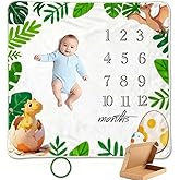 JIX SDFFAY Baby Monthly Milestone Blanket Dinosaur Newborn Month Blanket for Boy & Girl, Personalized Baby Shower Age Photo Photography Backdrop with Growth Prop Frame 45x40 Inches