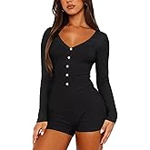 LEEDYA Women's Long Sleeve V Neck Rompers Sexy Fall Y2k One Piece Shorts Jumpsuit Bodycon Pajama Set Gym Bodysuit